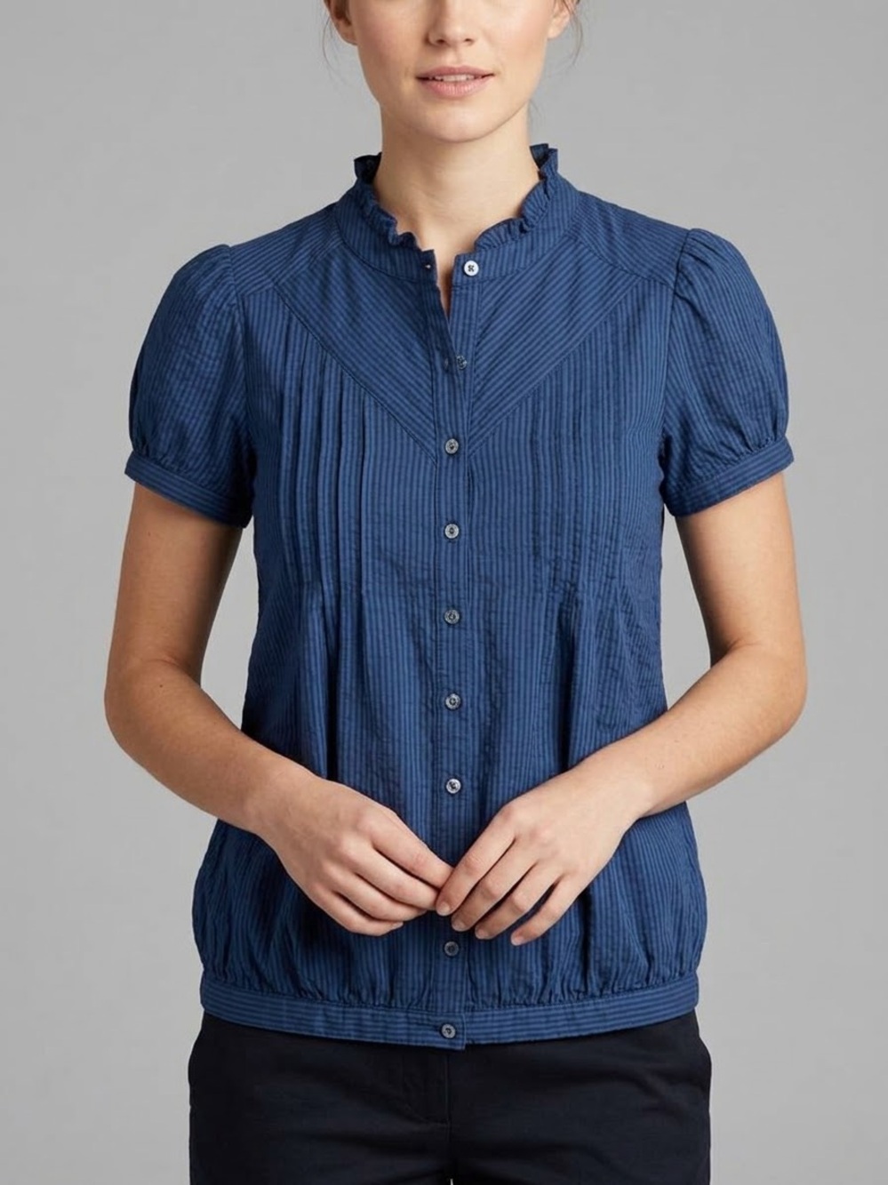 PIPER & BLUE Women's Ruffled High Neck Short Puff Sleeve Button Front Striped
